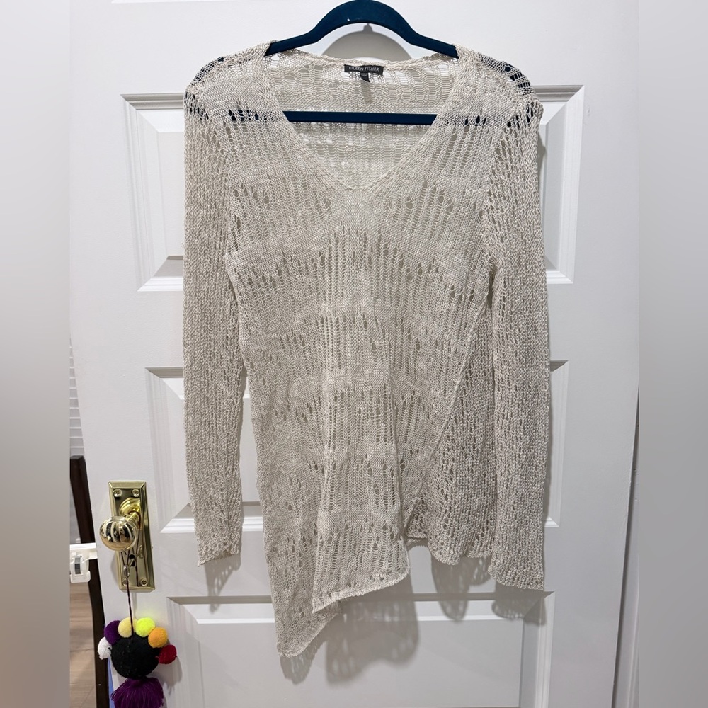 Eileen Fisher Pebble V-Neck Airy Melange Linen Grain Sheer Crochet Tunic Top